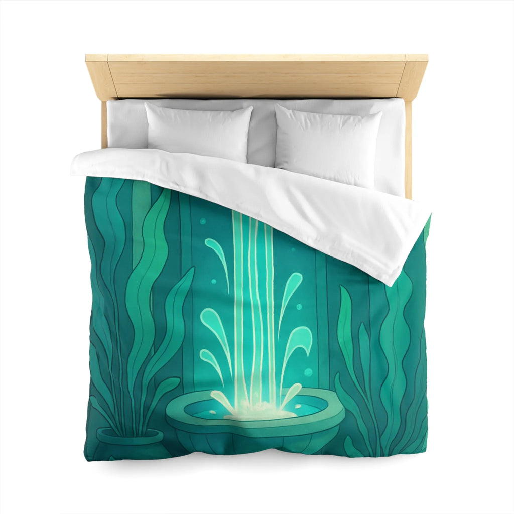 Housse de Couette Art Nouveau Illustrée Fontaine Poissons Teintes Bleues Calmes Décoration Intérieure