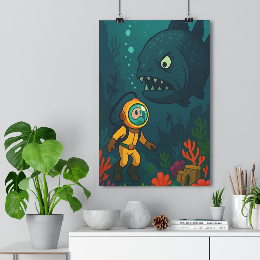 Poster décoratif cartoon rétro bleu rouge orange aventure intérieur chambre salon enfant plongeur poisson