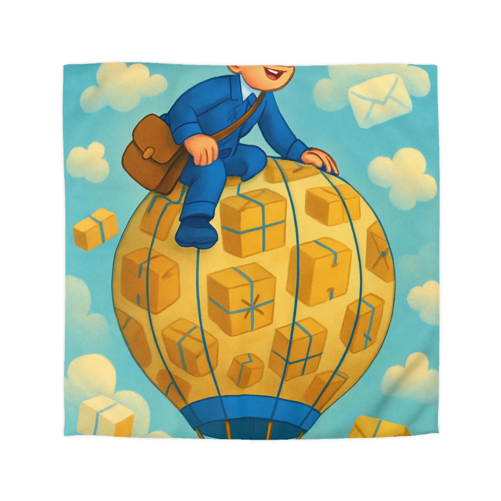 Housse de couette colorée avec montgolfière et livreur volant dans le ciel animés
