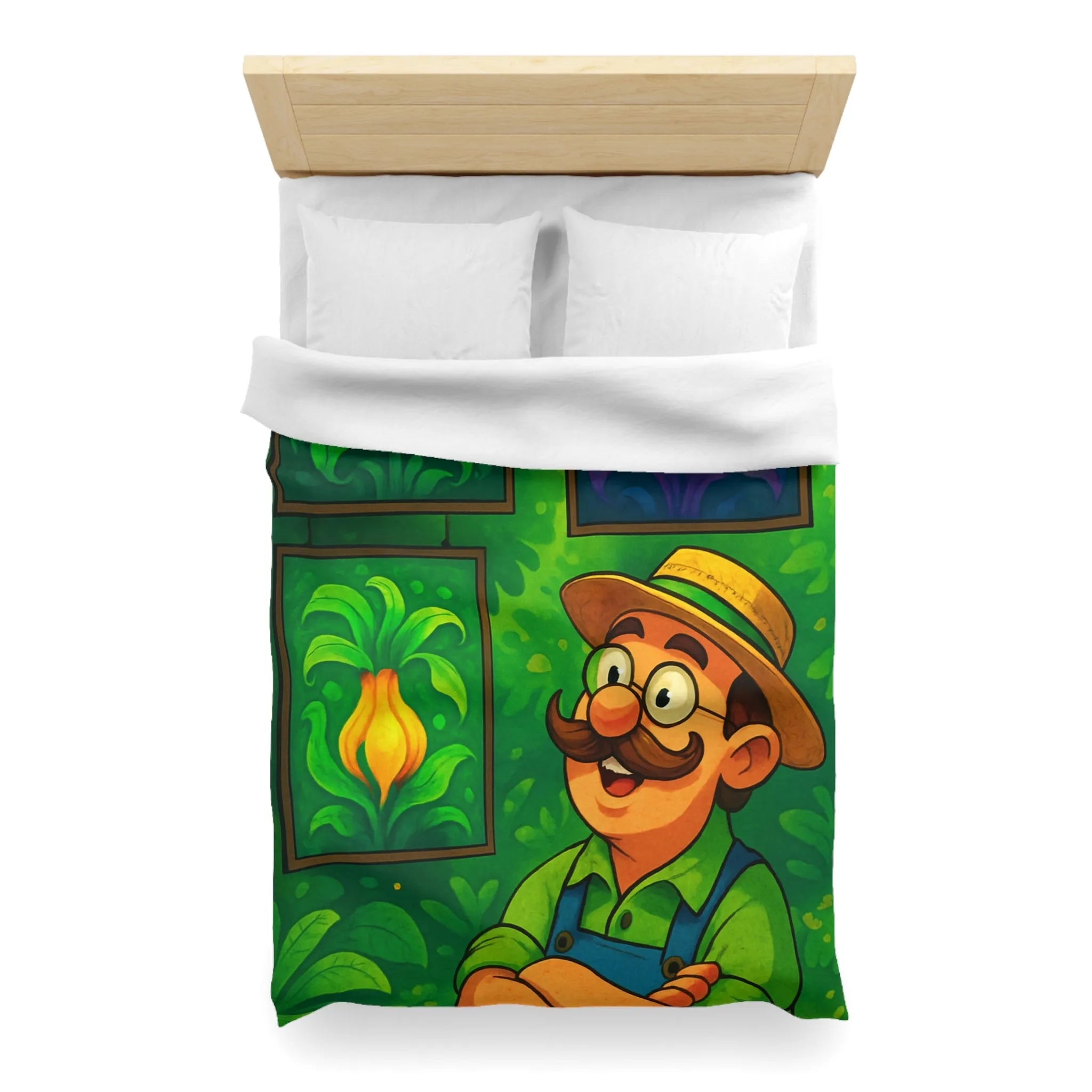 "Housse de Couette Motif Tropical avec Fleurs Exotiques et Jardinier Heureux Illustré"