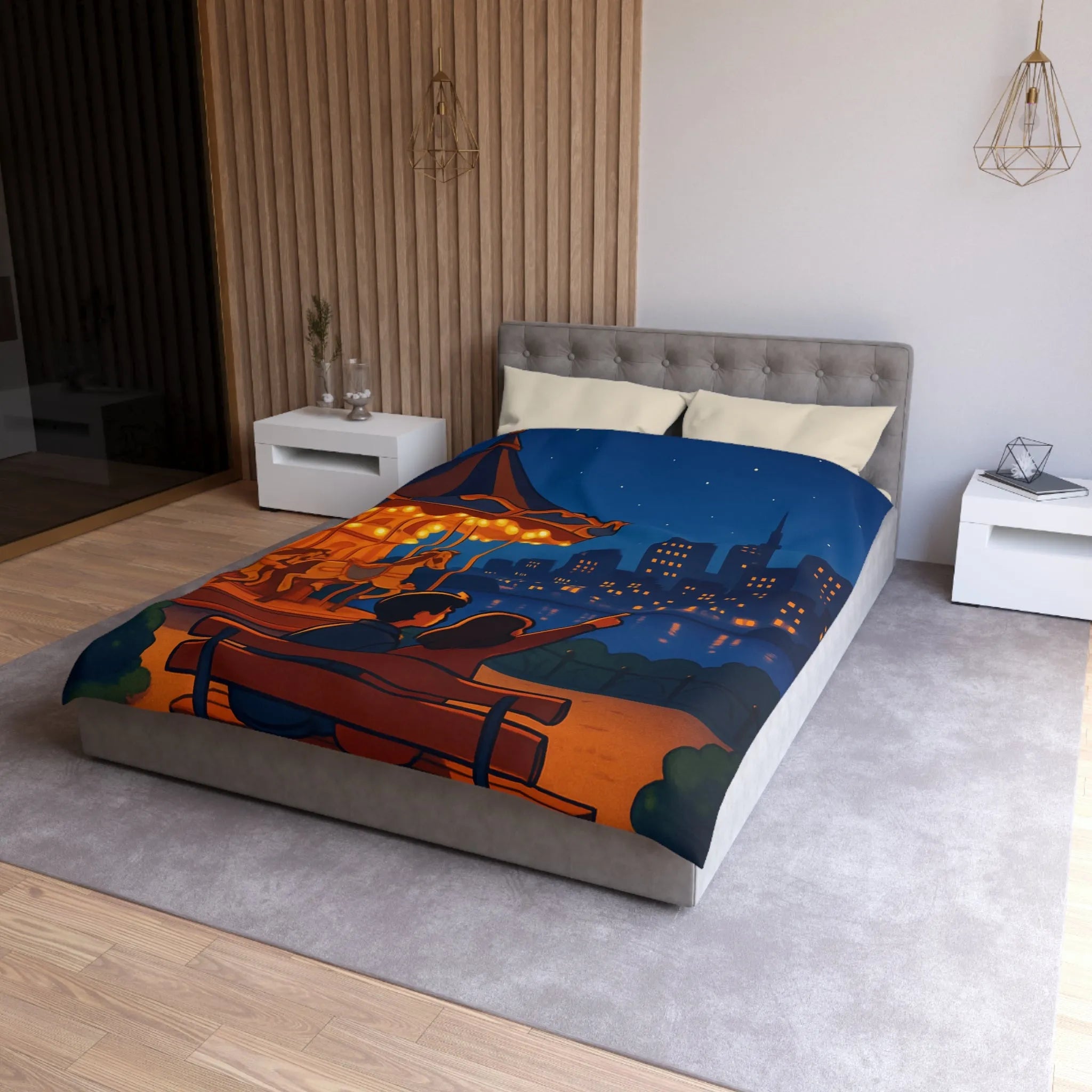 Housse de couette céleste avec carrousel lumineux et paysage urbain étoilé