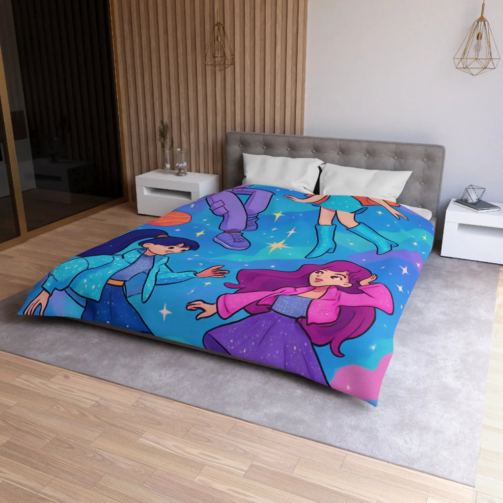 Housse de couette colorée avec filles dans l'espace et étoiles scintillantes joyeuses