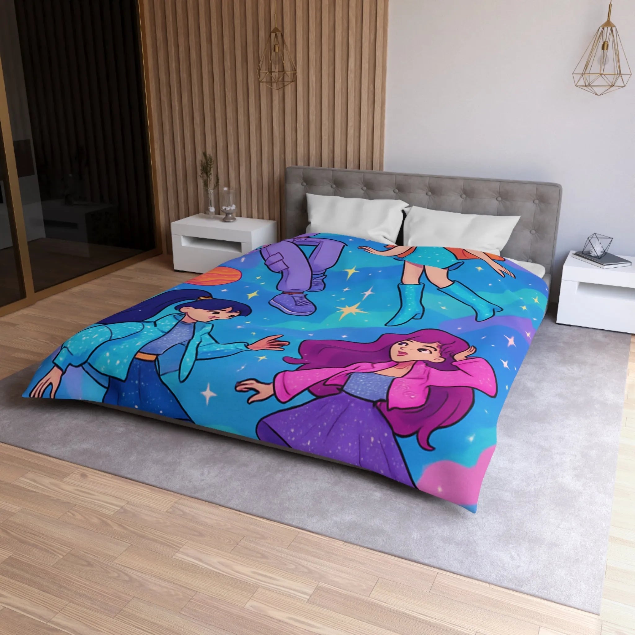 Housse de couette colorée avec filles dans l'espace et étoiles scintillantes joyeuses