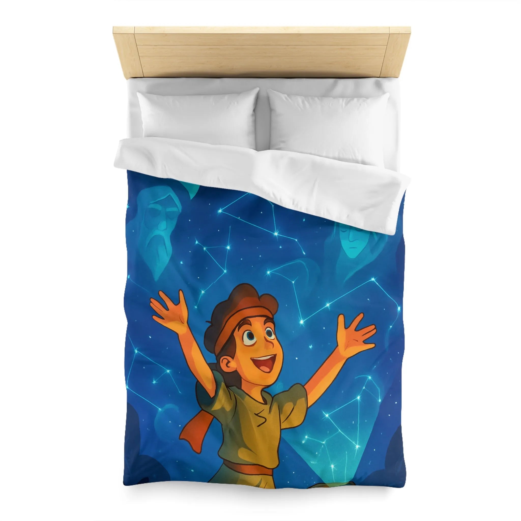 Housse de couette illustrée nocturne avec enfant, robot et constellations célestes inspirantes