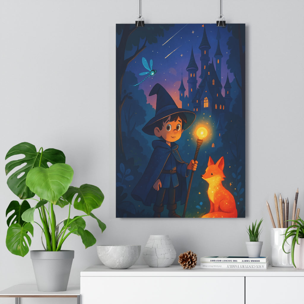Poster décoratif mystique sorcier bleu orange enfant chambre magique lumineux aventure féerique art qualité