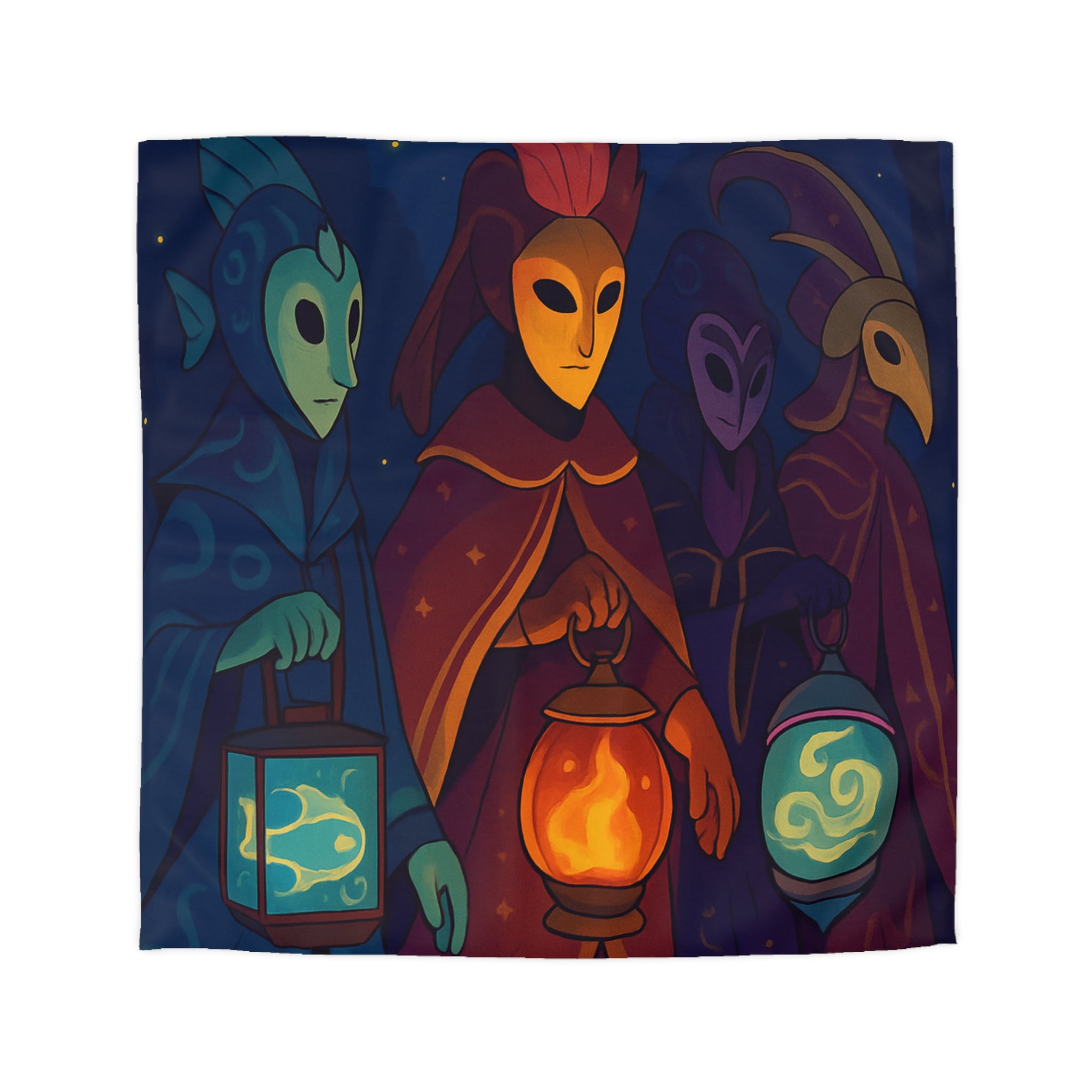 Housse de couette mystérieuse avec personnages masqués et lanternes en forêt étoilée