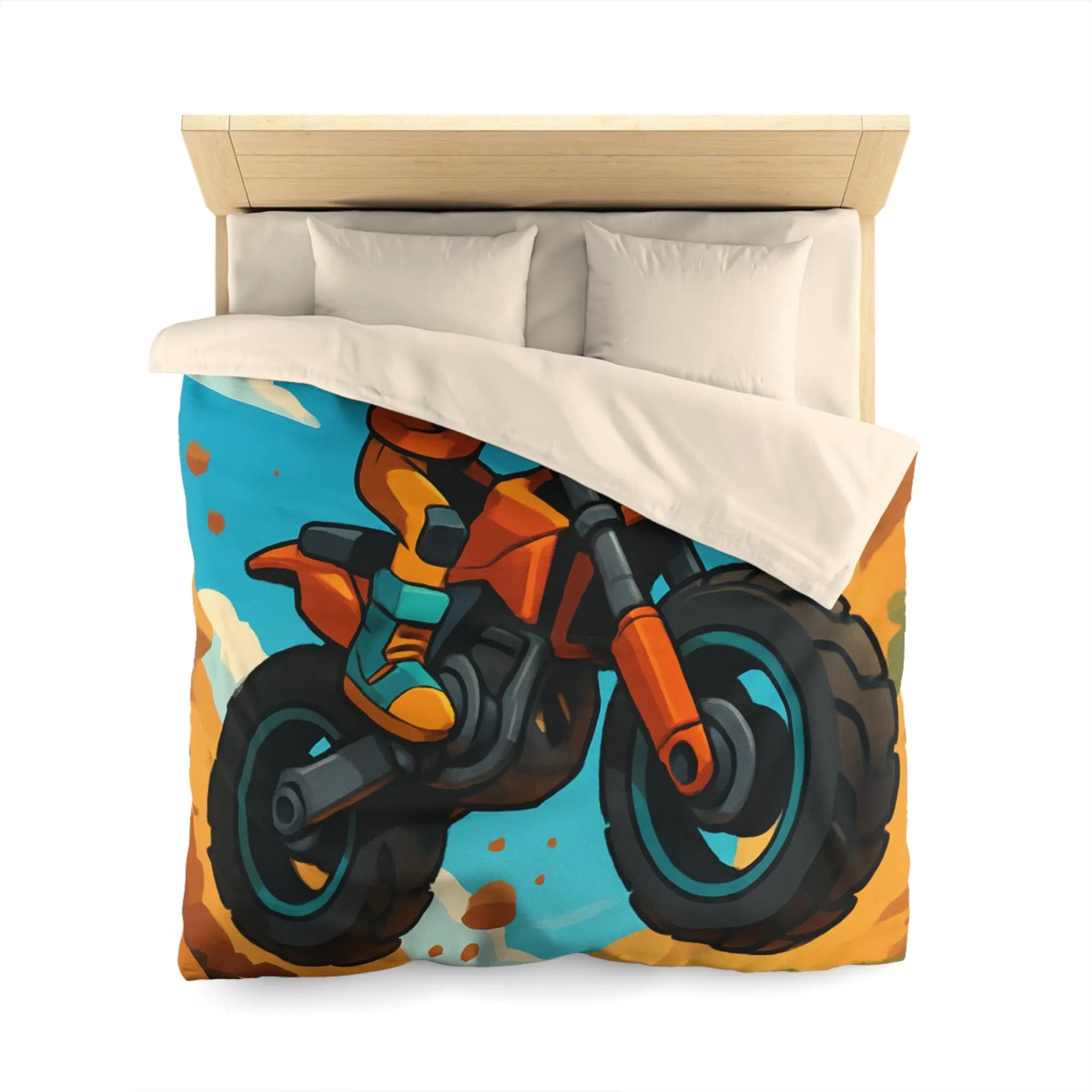 Housse de couette enfant motocross orange avec paysage montagneux et ciel bleu vif
