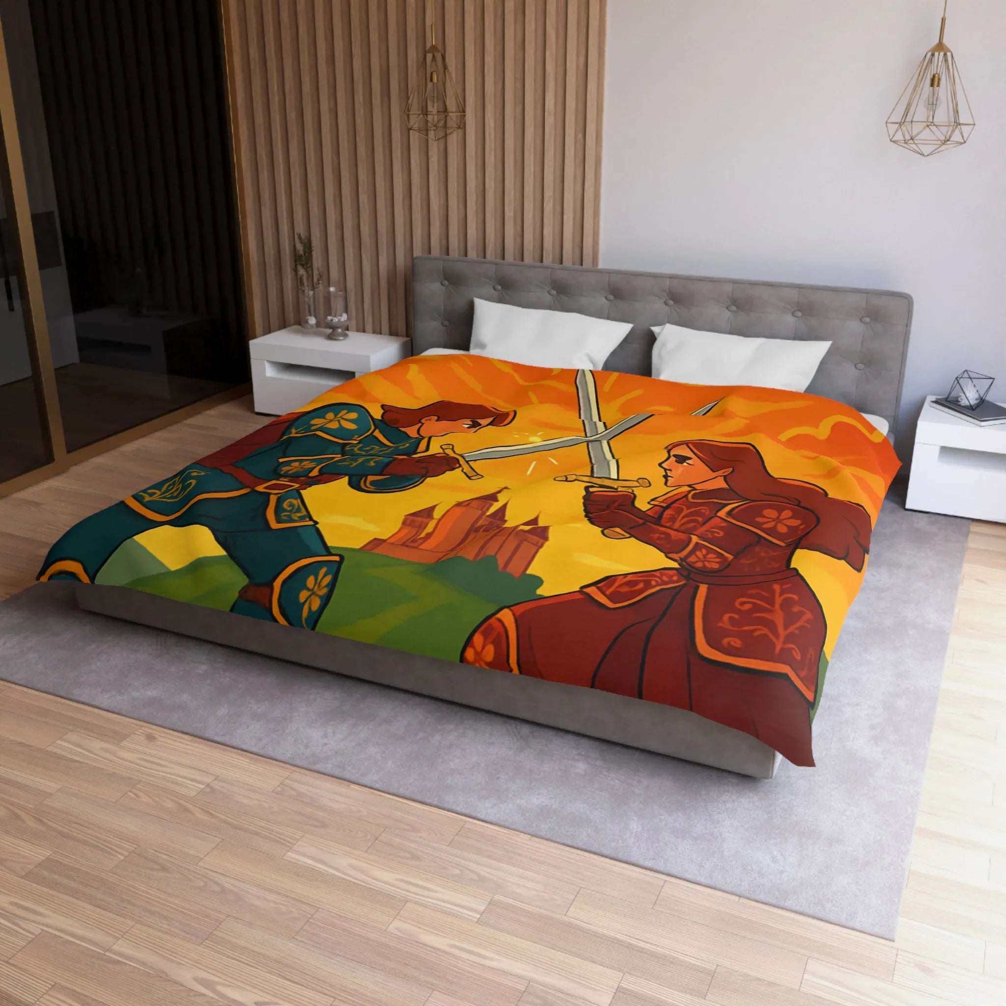 Épique housse de couette avec chevaliers médiévaux, châteaux et ciel flamboyant