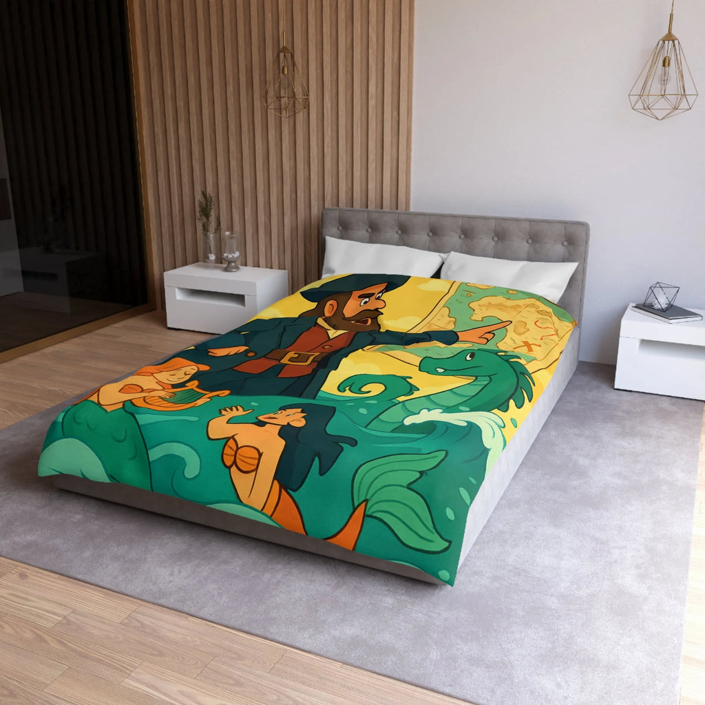 Housse de couette illustrée pirate avec carte, sirènes et monstre marin ludique