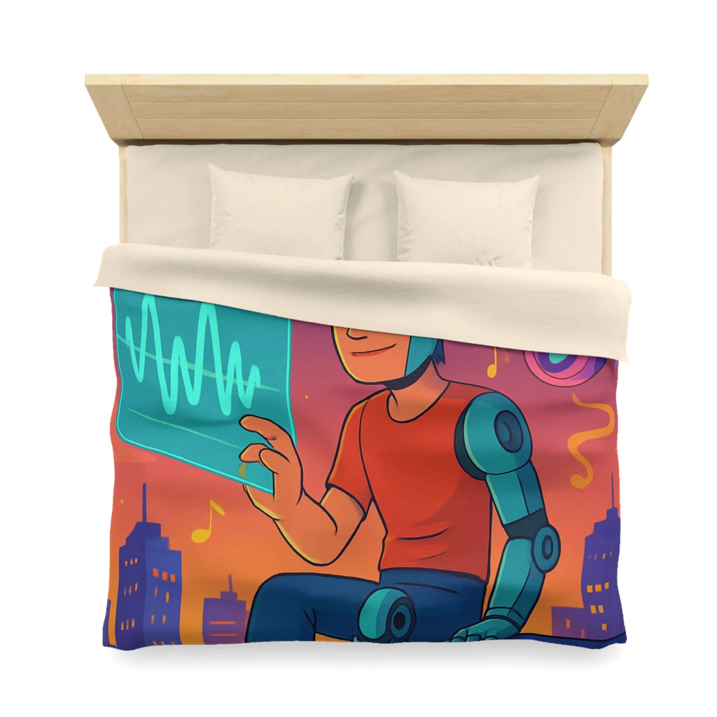 Housse de couette illustrée avec robot et skyline de nuit vibrante et colorée