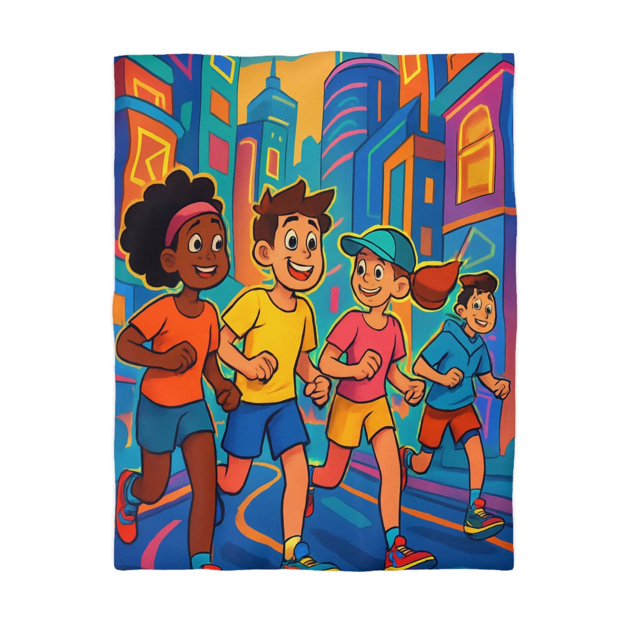Ensemble d'enfants colorés courant en ville, illustration dynamique pour housse de couette vive