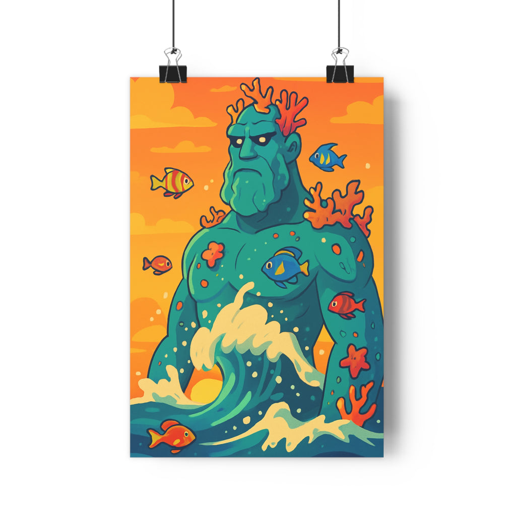 Poster décoratif cartoon bleu vert orange géant marin enfant chambre océan corail vibrant joyeux