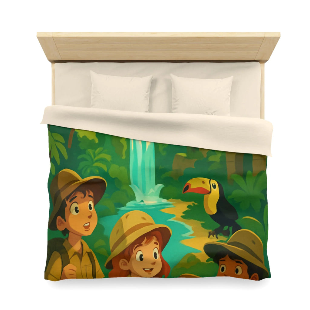Housse de Couette Jungle Aventure Enfants avec Toucan, Monuments et Cascade Colorés