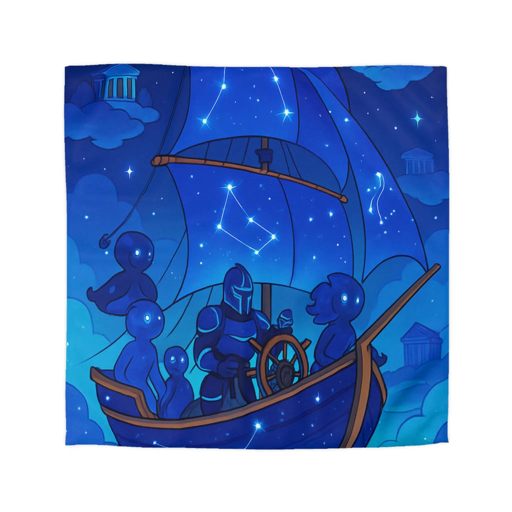Housse de Couette Inspirée Ciel Étoilé avec Bateau et Constellations Bleu Nuit