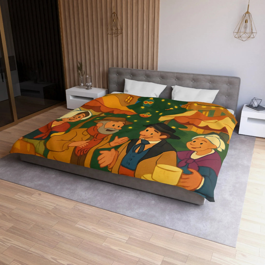 Housse de couette festive avec marché de Noël et sapin illuminé au village