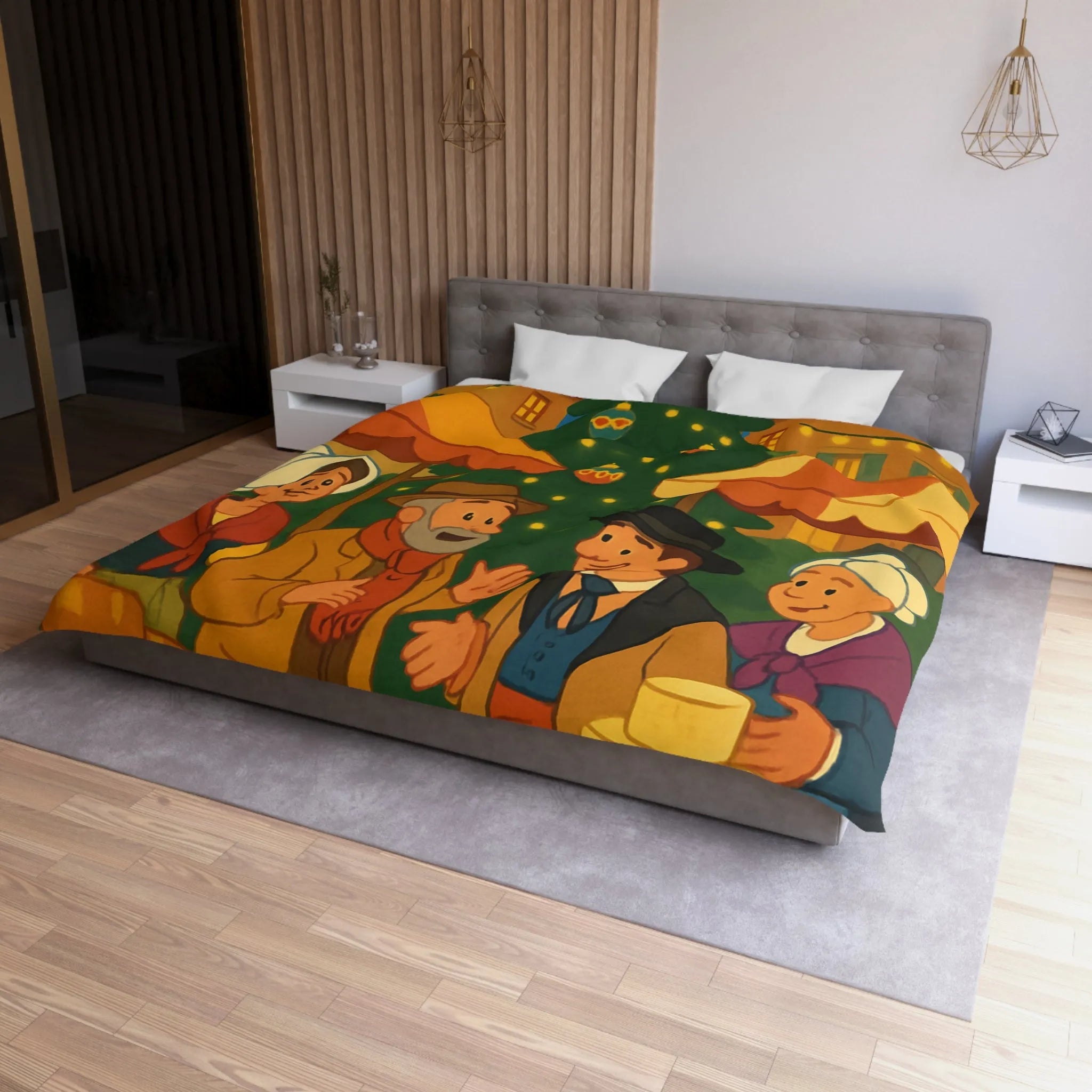 Housse de couette festive avec marché de Noël et sapin illuminé au village