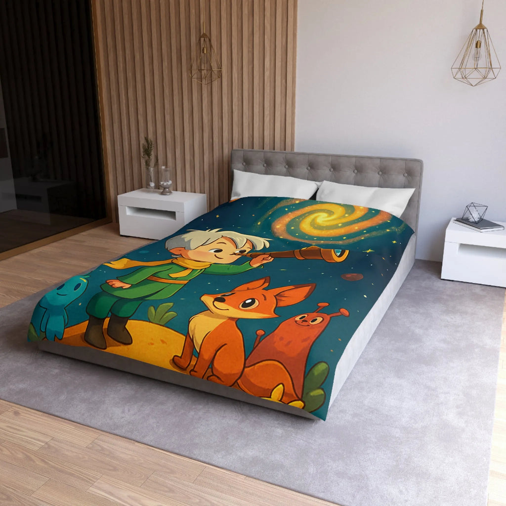 Housse de couette enfant rêveur observant les étoiles avec télescope et animaux adorables