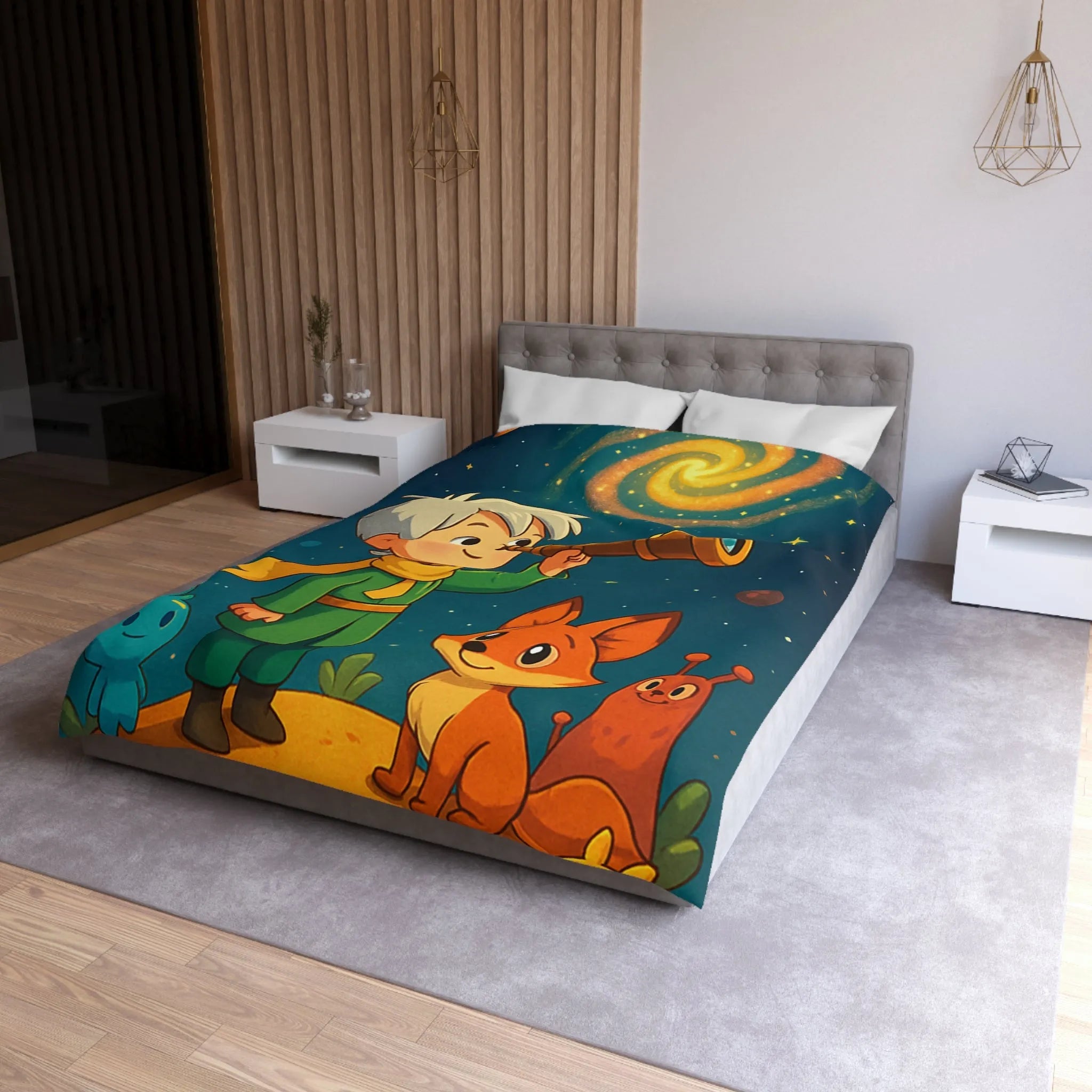 Housse de couette enfant rêveur observant les étoiles avec télescope et animaux adorables