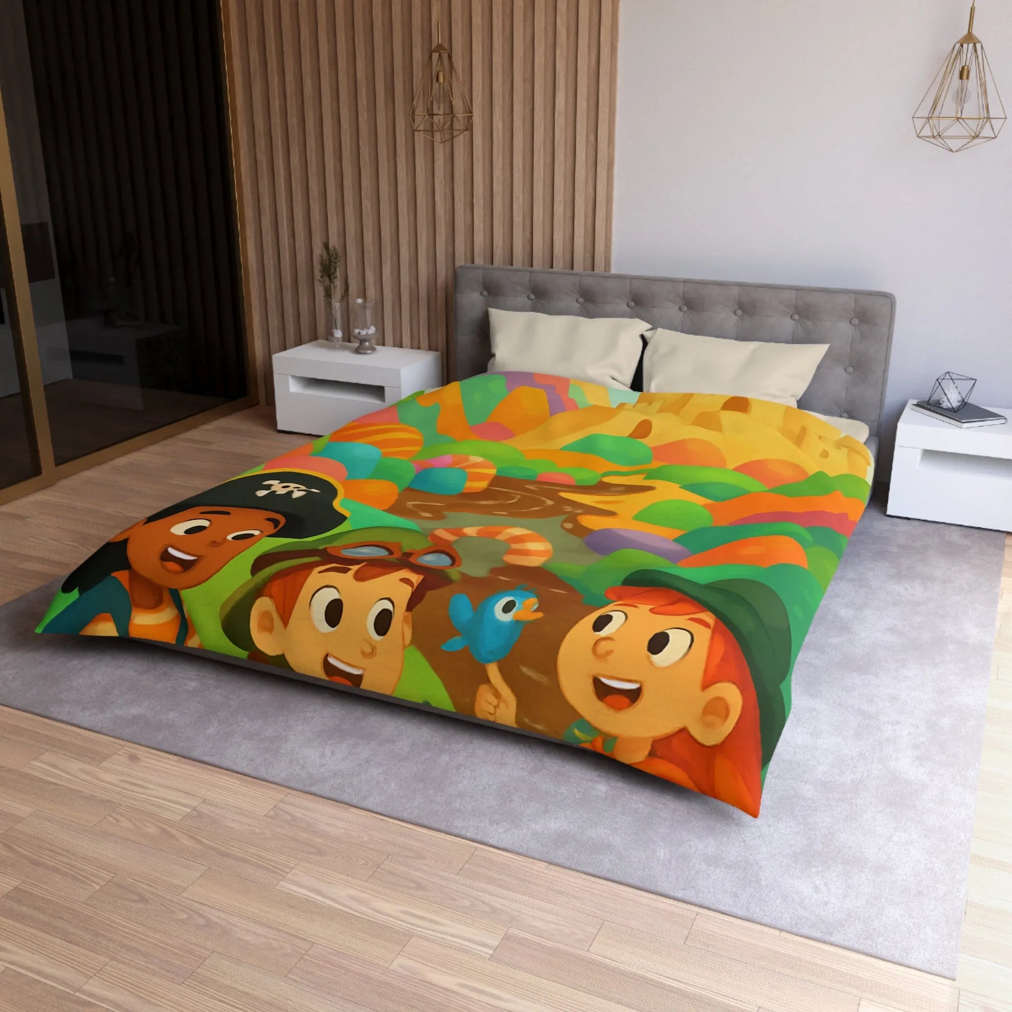 Housse de couette ludique pour enfants avec château et aventuriers aux couleurs vives