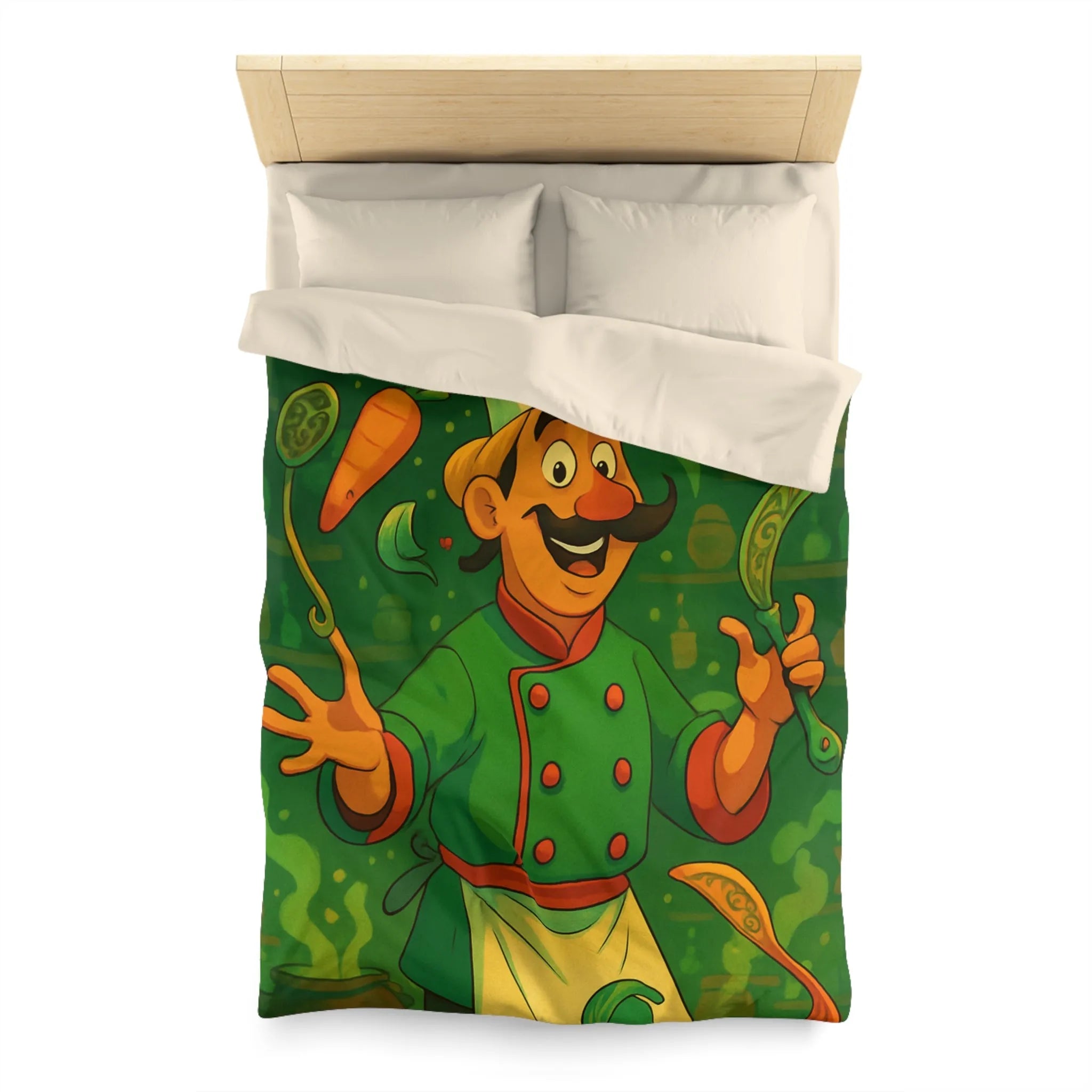 Housse De Couette Chef Cartoon Coloré Jonglant Avec Légumes Dans Cuisine Magique Verte