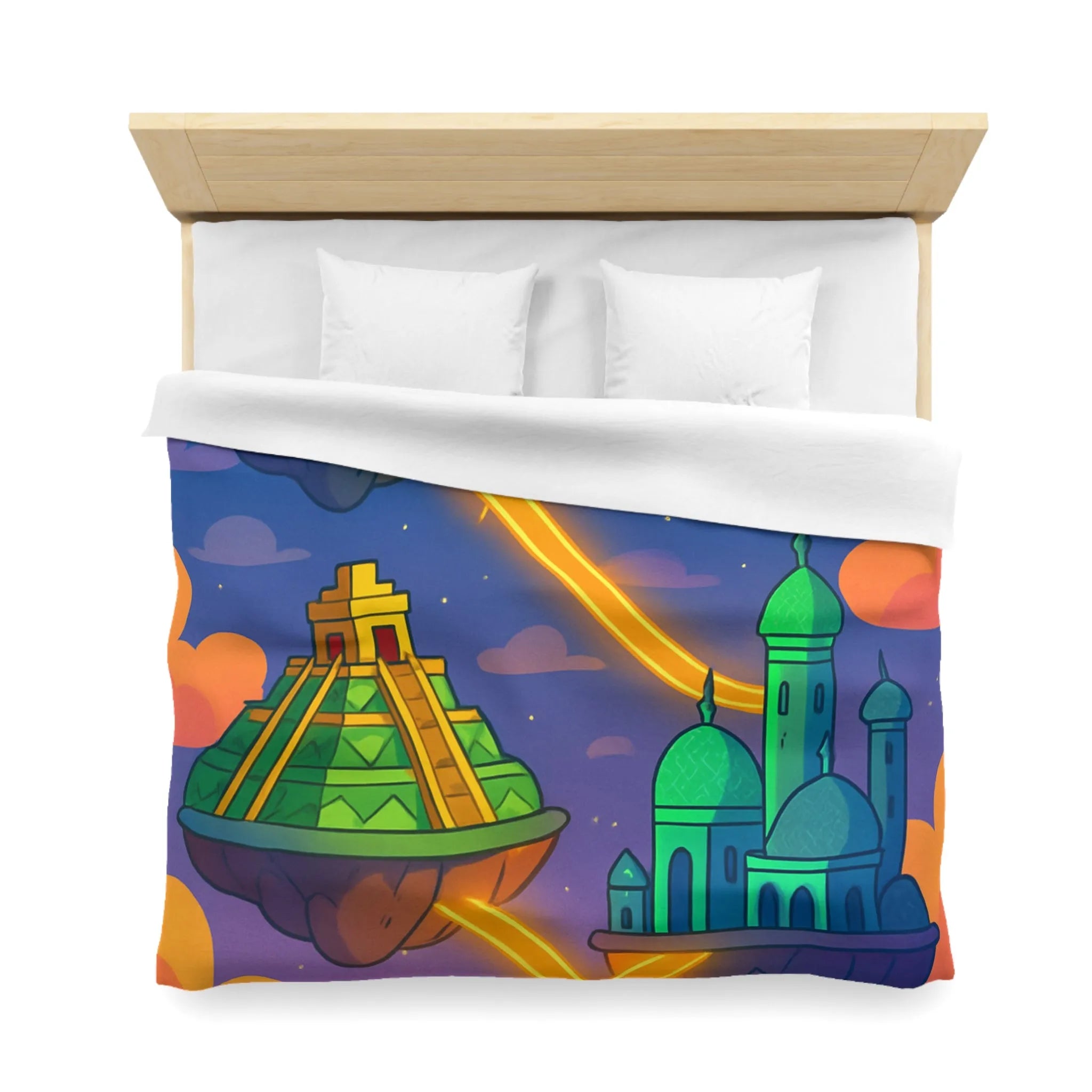 Housse de couette colorée avec design fantastique de villes flottantes lumineuses et oniriques