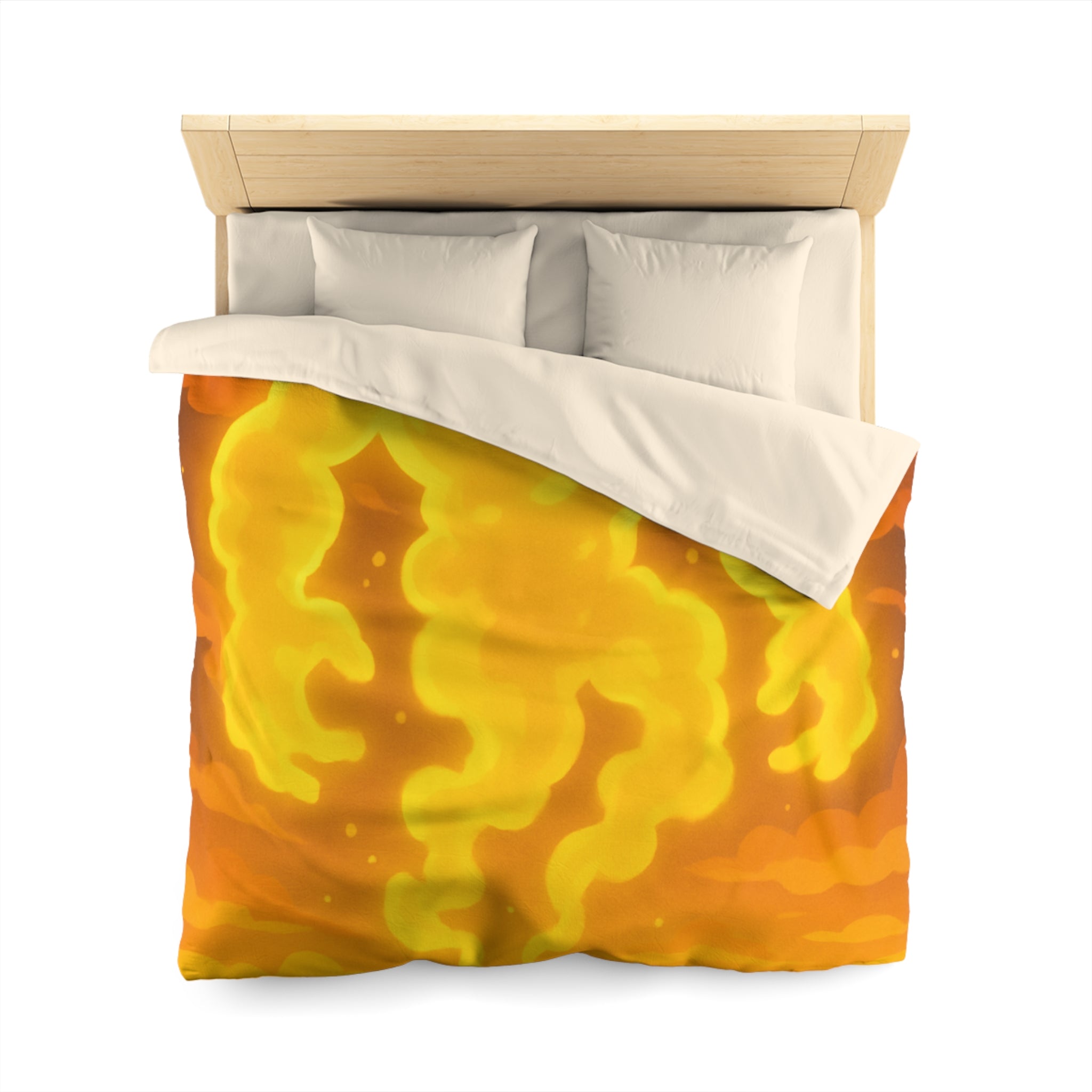 Vision onirique d'un géant flamboyant illuminant un paysage crépusculaire surréaliste en jaune