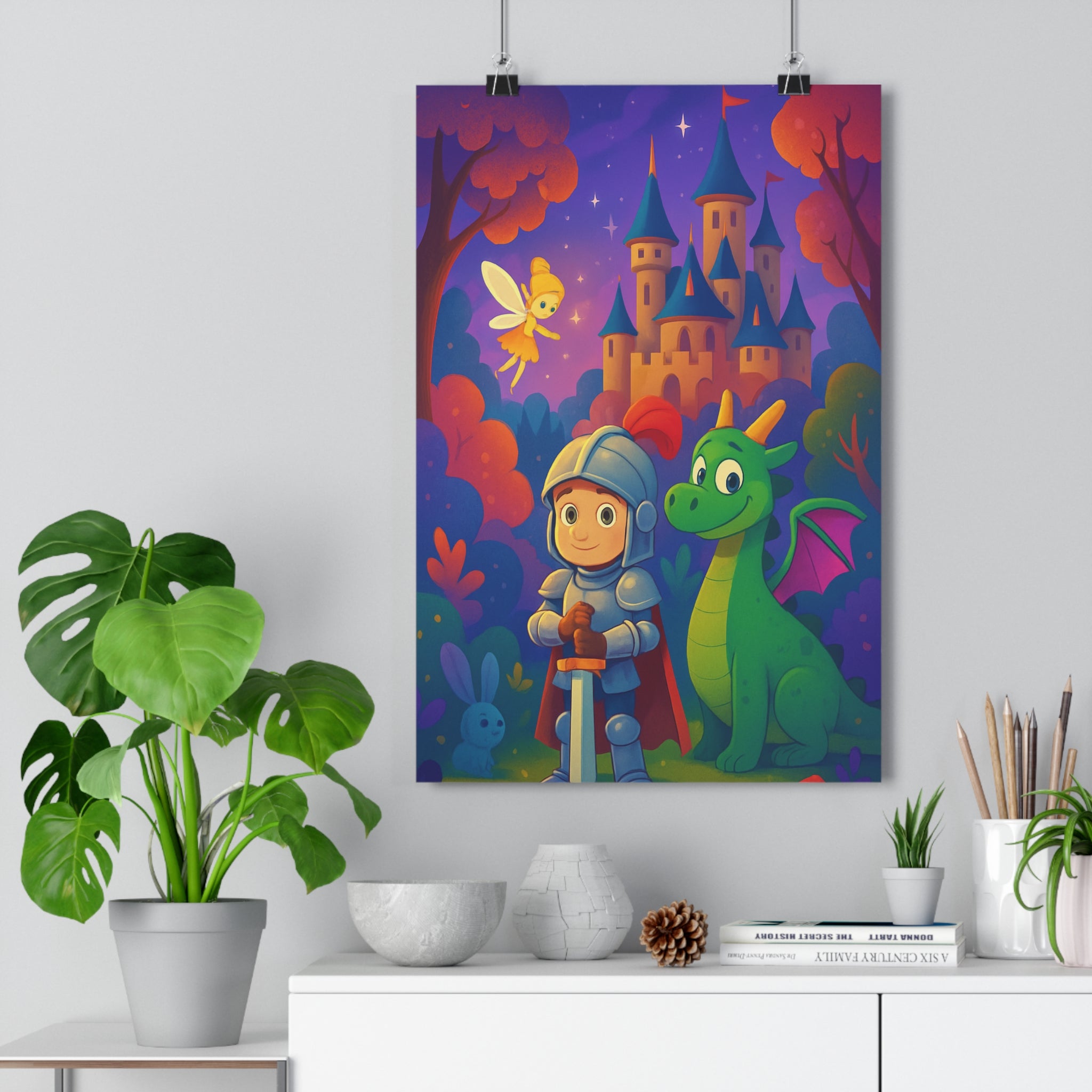 Poster décoratif fantaisie dessin animé chevalier dragon château fée forêt violet orange enfant ambiance