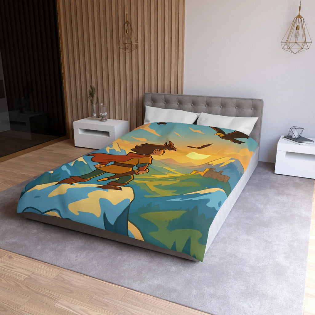 Housse de couette avec paysage montagneux, jeune aventurier et châteaux au coucher de soleil