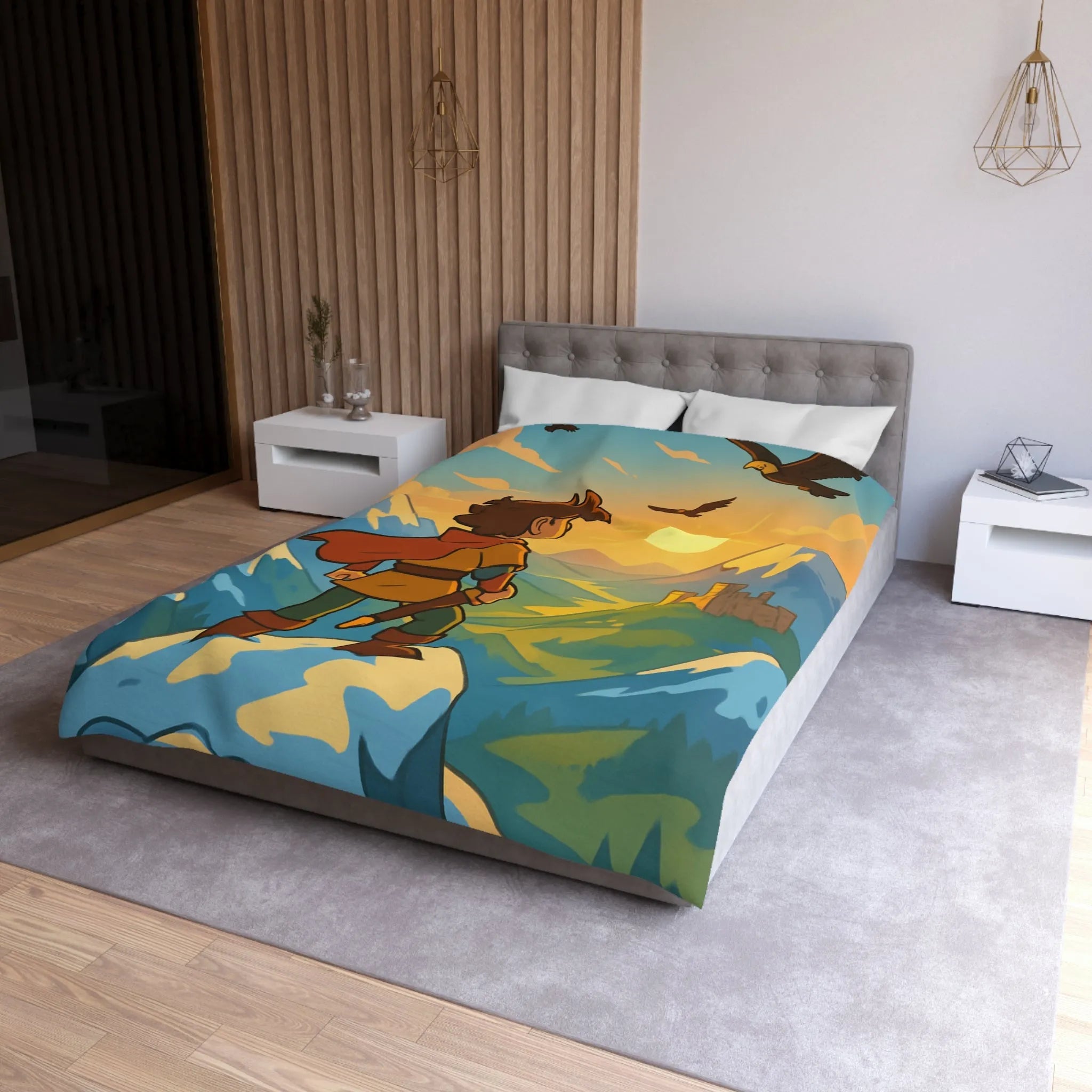 Housse de couette avec paysage montagneux, jeune aventurier et châteaux au coucher de soleil