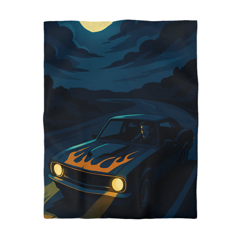 Housse de couette vintage voiture nocturne avec lune et flammes sur capot