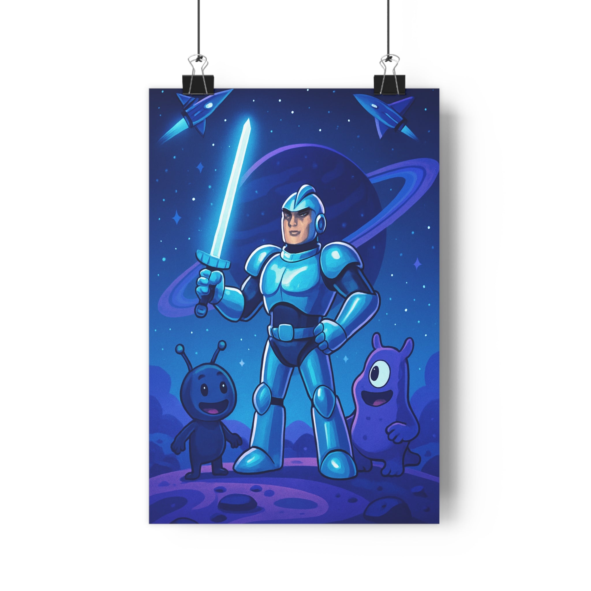 Poster décoratif cartoon bleu violet épique sciencefiction aventure chambre enfant cosmos créatures guerrier qualité