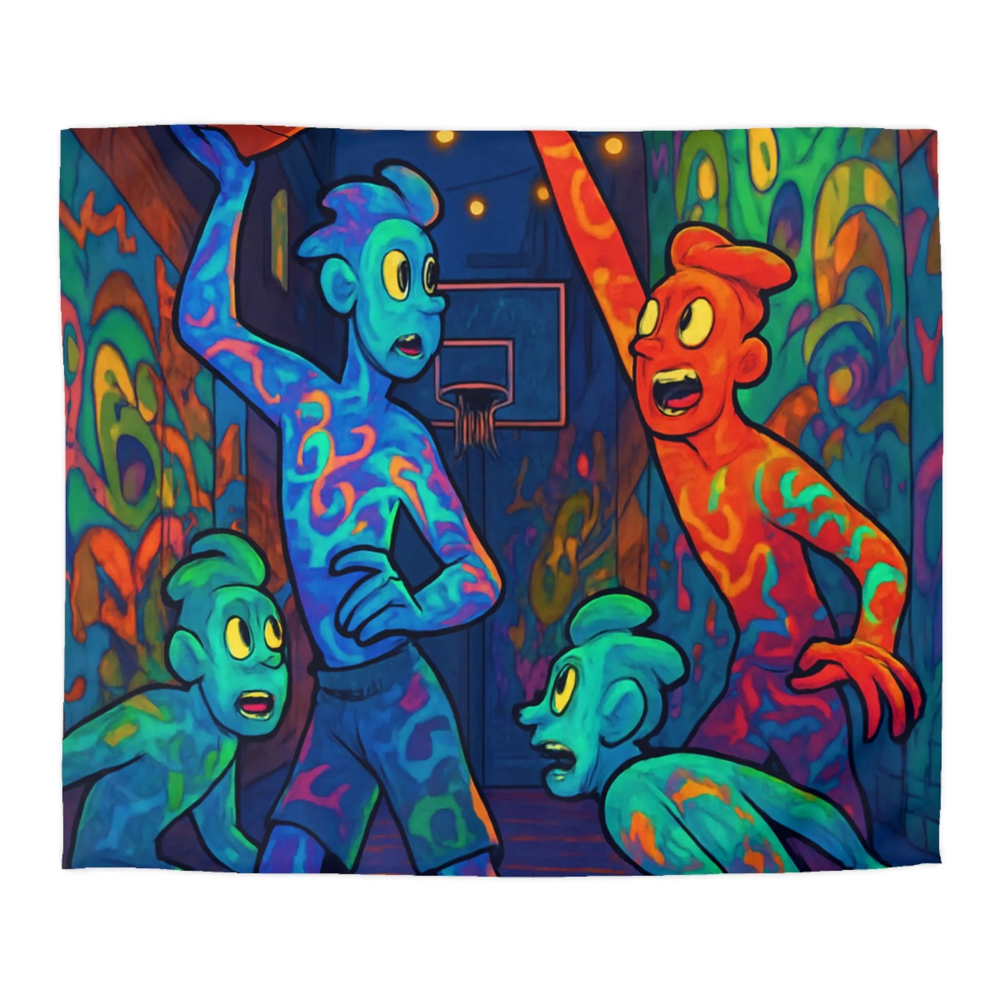Housse de couette colorée avec personnages abstraits jouant au basket la nuit
