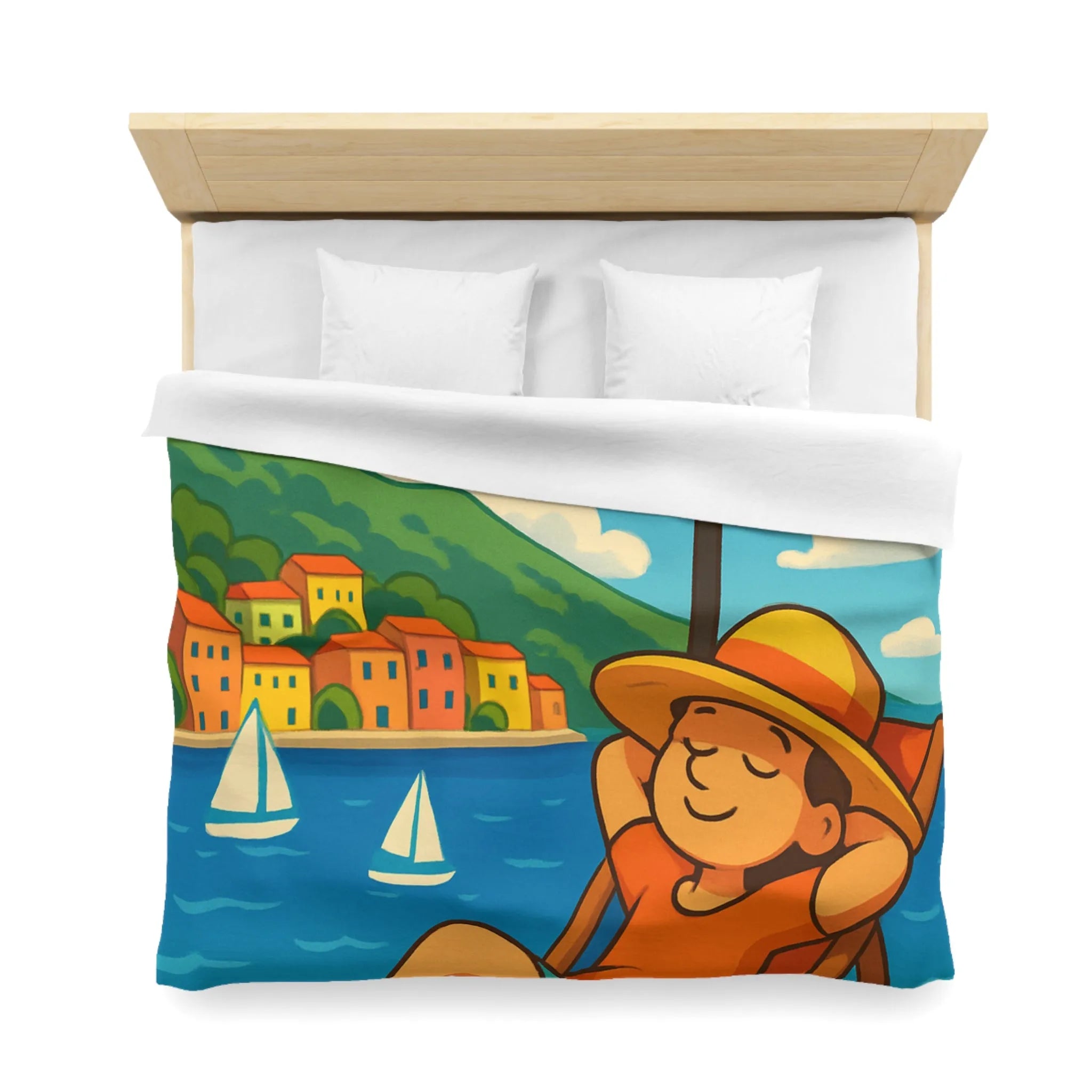 Housse de Couette Colorée Plage avec Parasol, Mer et Voiliers Décontractés Illustration