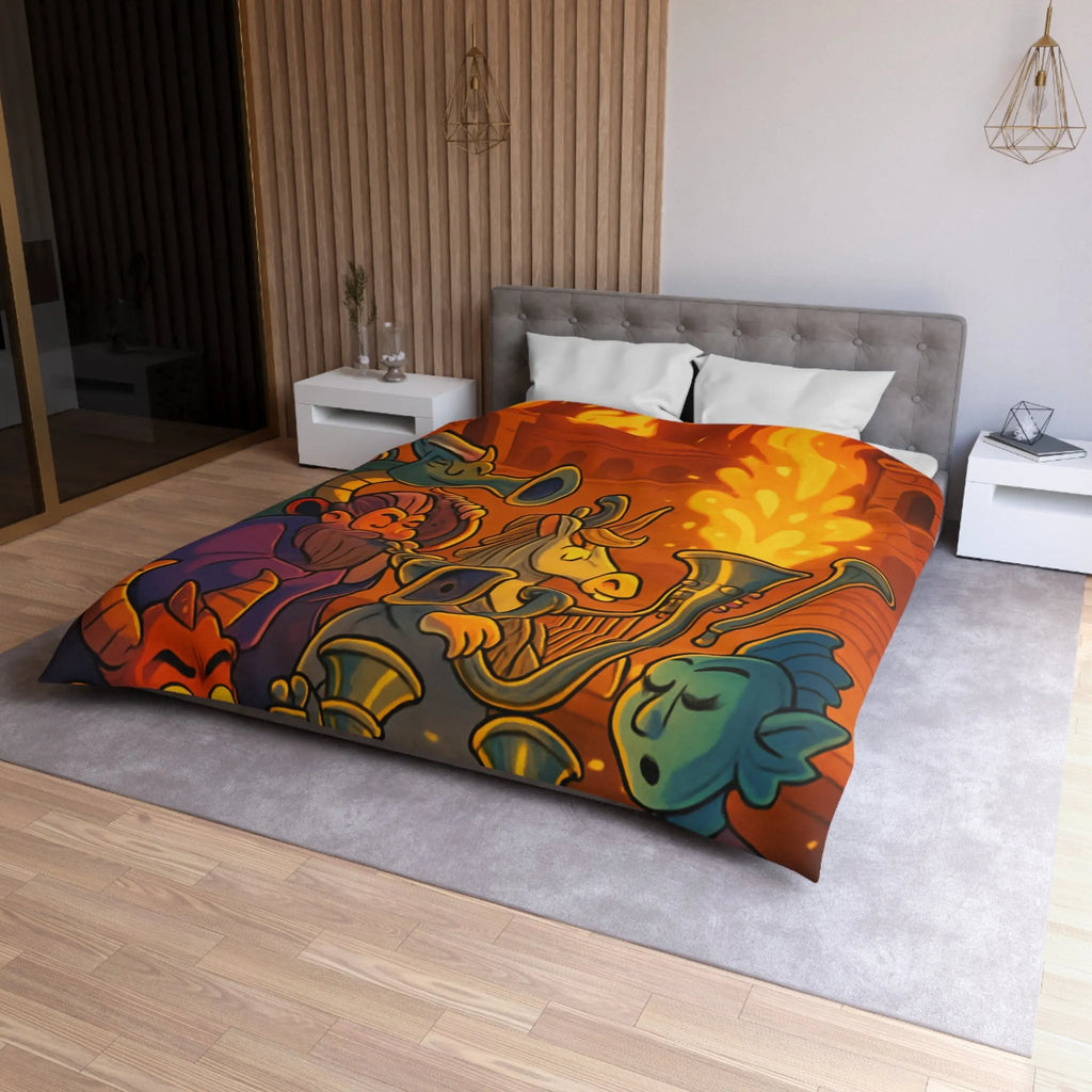 Housse de couette fantastique illustrée avec dragons, musiciens mythiques et couleurs flamboyantes