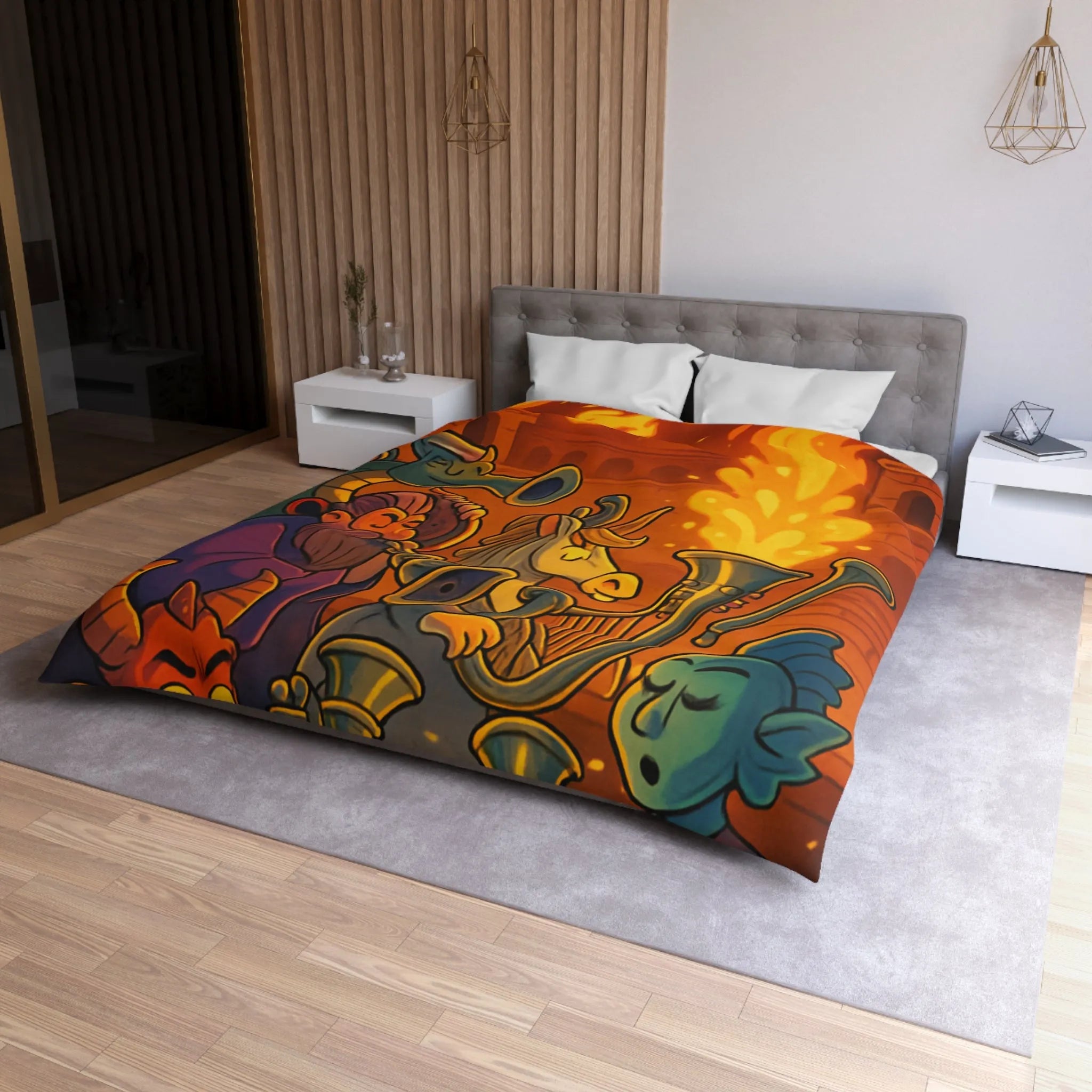 Housse de couette fantastique illustrée avec dragons, musiciens mythiques et couleurs flamboyantes