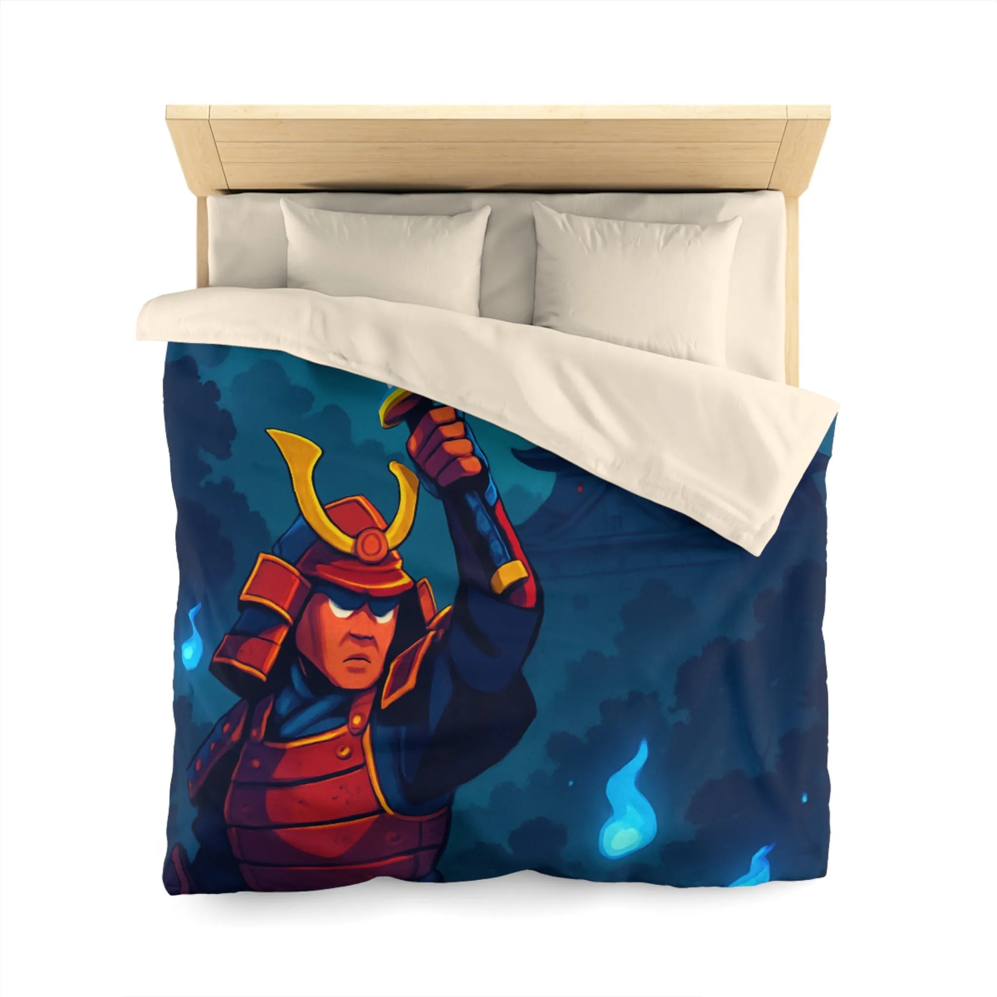 Housse de couette épique samouraï sous lune avec château en arrière-plan mystique