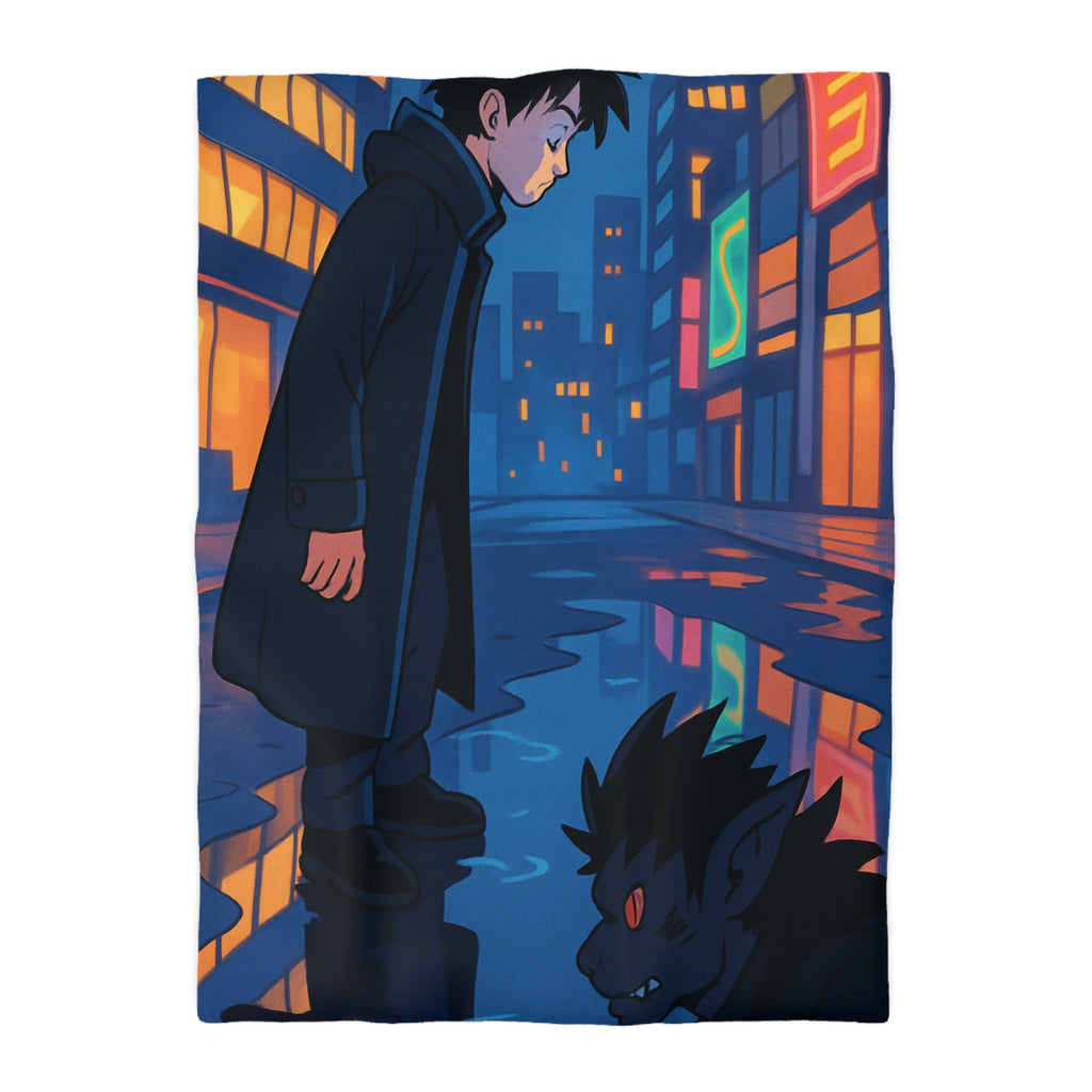 Housse de couette urbaine avec reflet mystérieux dans une rue animée la nuit