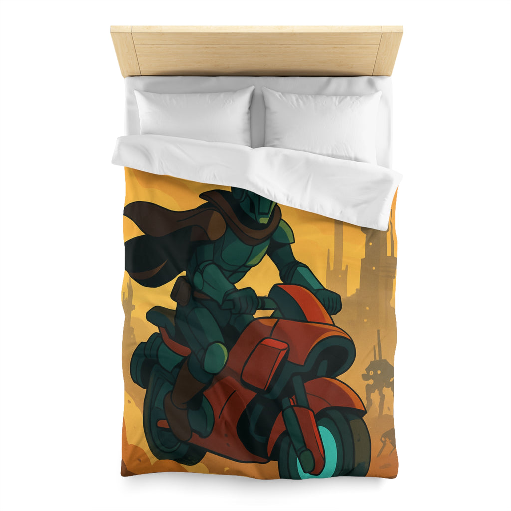 Housse de couette moto futuriste avec pilote en armure et paysage urbain orange