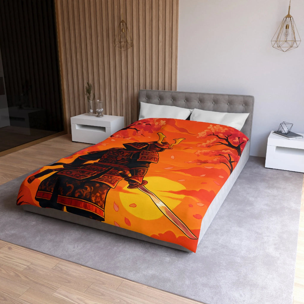 Housse de couette avec motif samouraï au coucher du soleil, arbres et fleurs roses