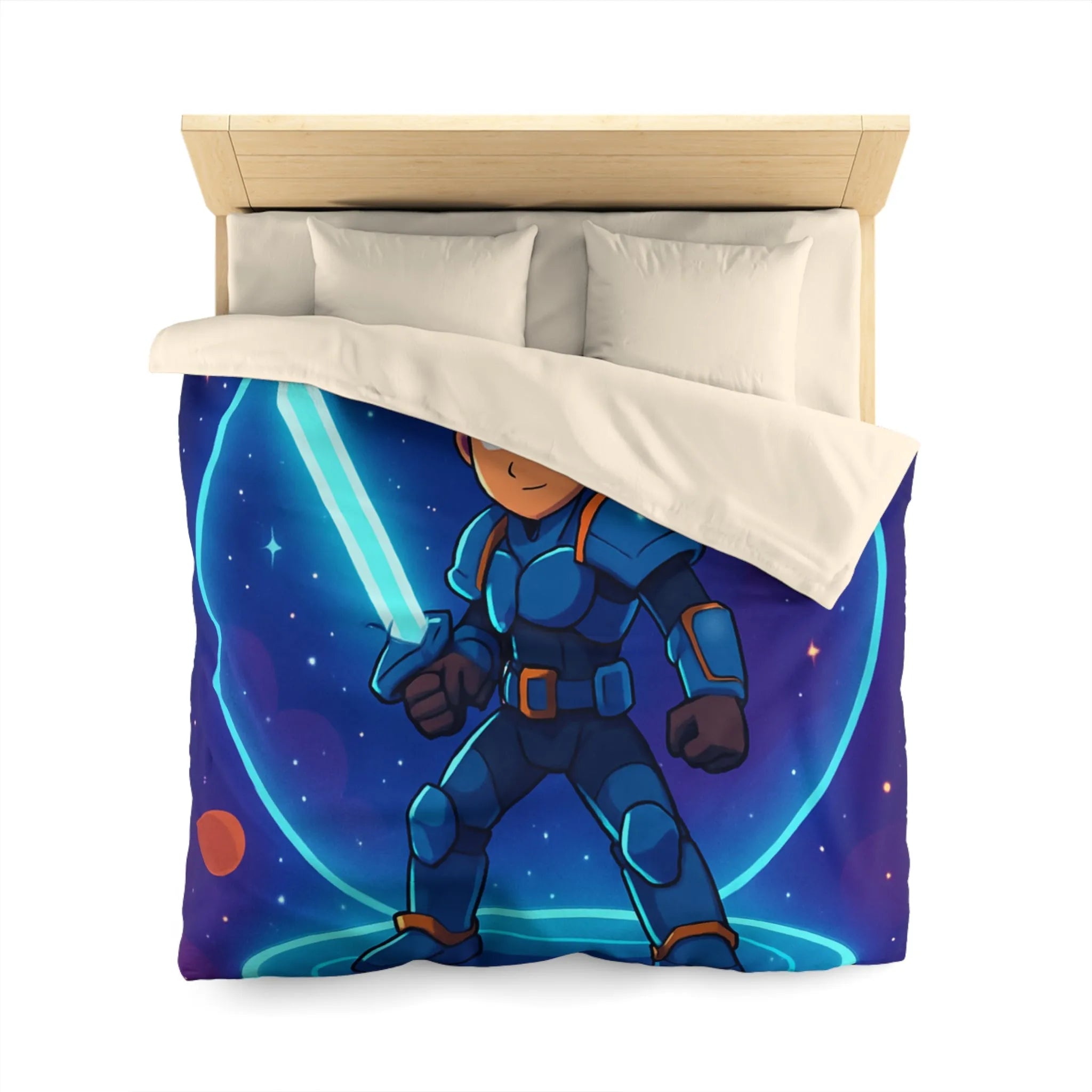 Ensemble galactique animé avec jeune héros et épée lumineuse sur fond cosmique vibrant