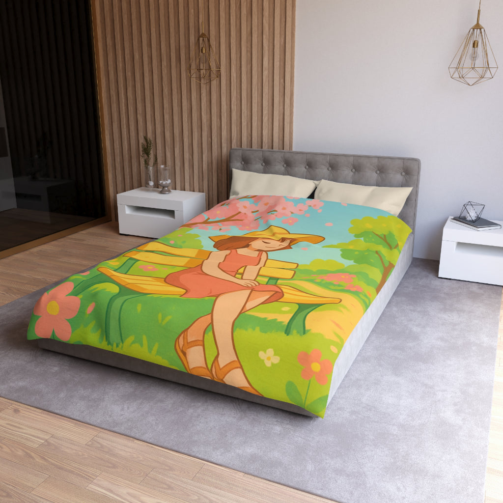 Housse De Couette Motif Printanier Banc Fleurs Ciel Bleu Style Illustration Paisible