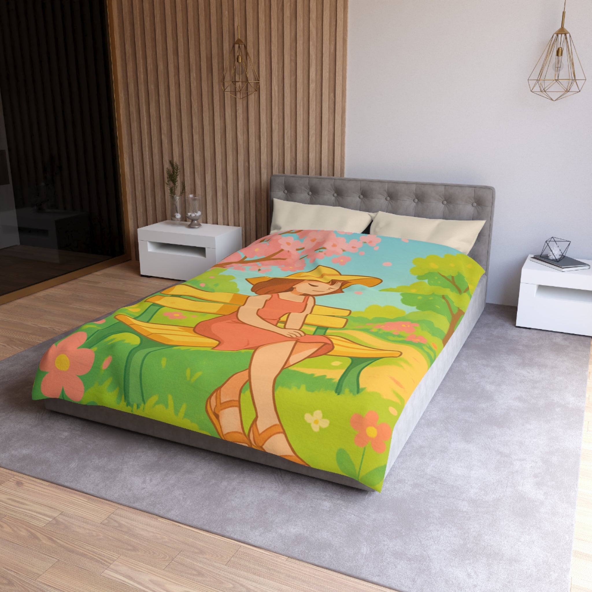 Housse De Couette Motif Printanier Banc Fleurs Ciel Bleu Style Illustration Paisible