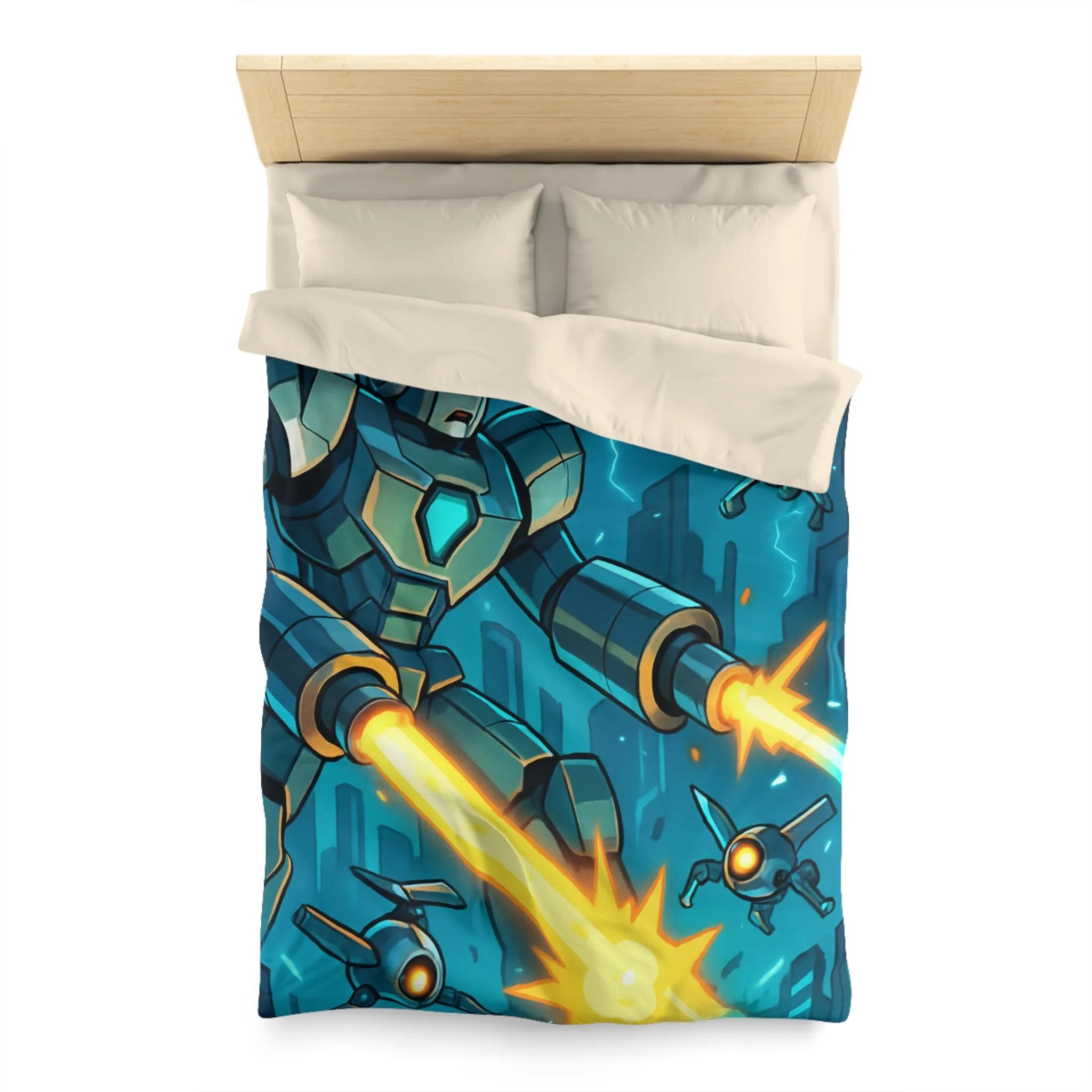 Housse de couette illustrant un robot tirant des lasers dans une ville futuriste la nuit