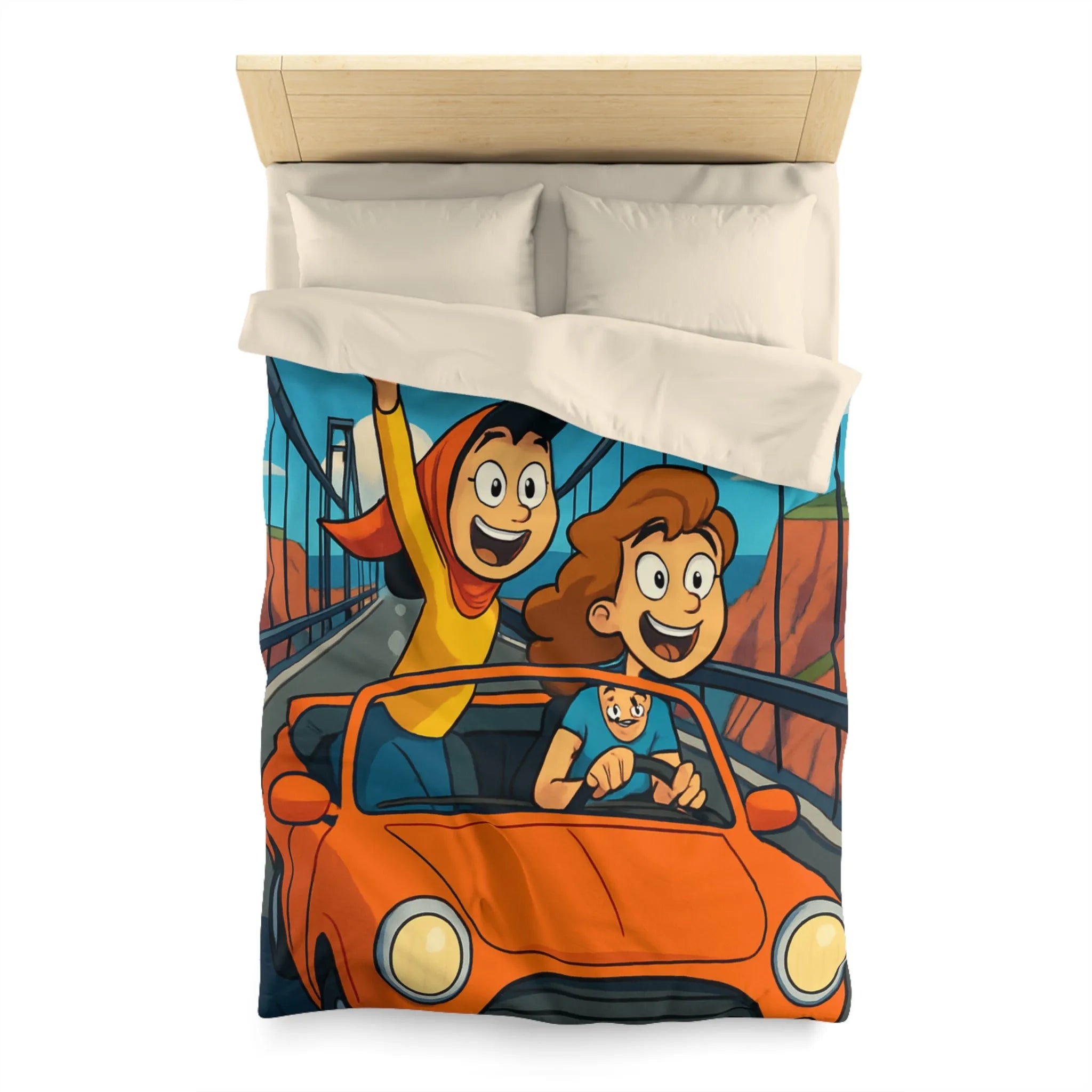 Housse de couette colorée avec illustration de famille en voiture sur pont suspendu