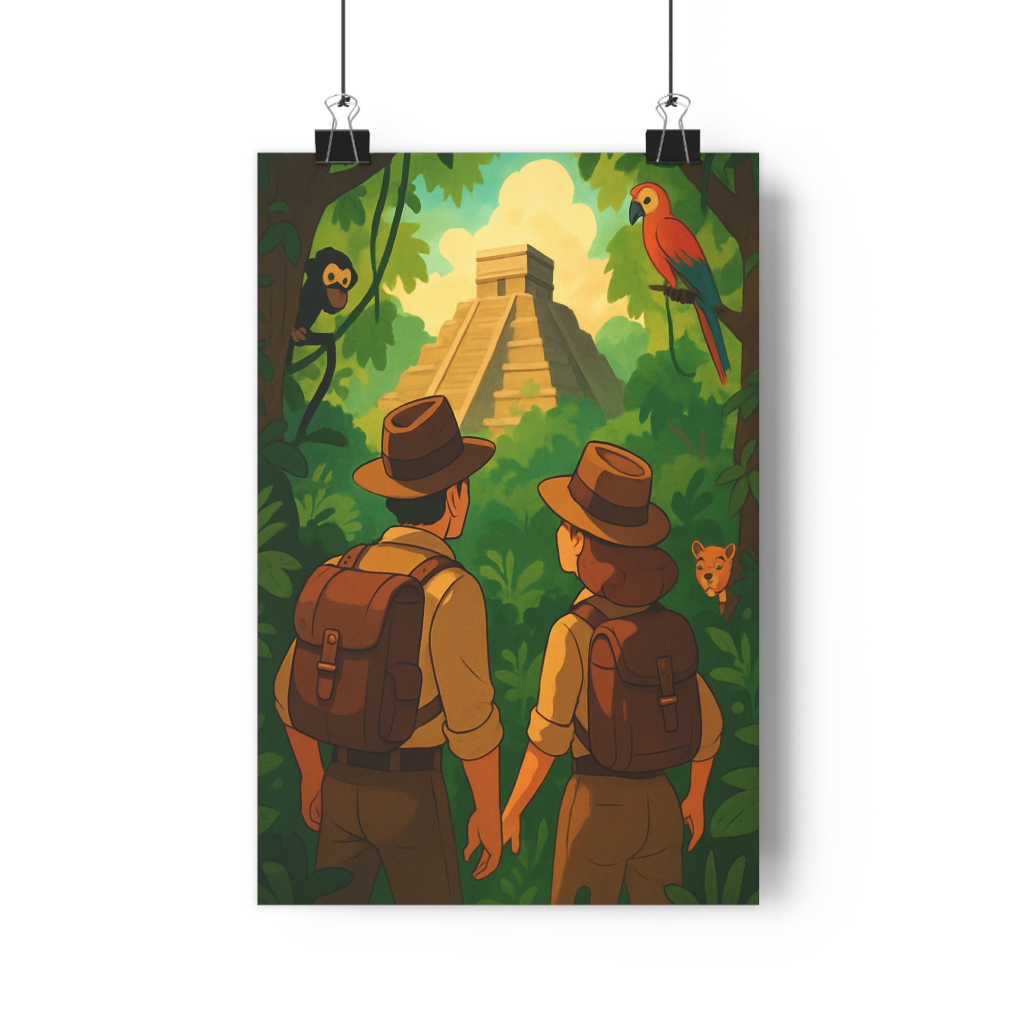 Poster décoratif aventure jungle vert marron cartoon vintage explorateur chambre bureau enfant excitant vibrant