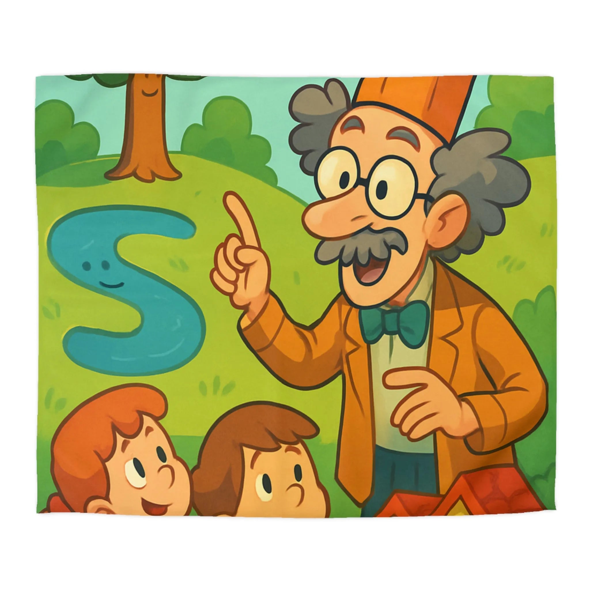 Housse de couette colorée avec un professeur et enfants dans un paysage enchanteur