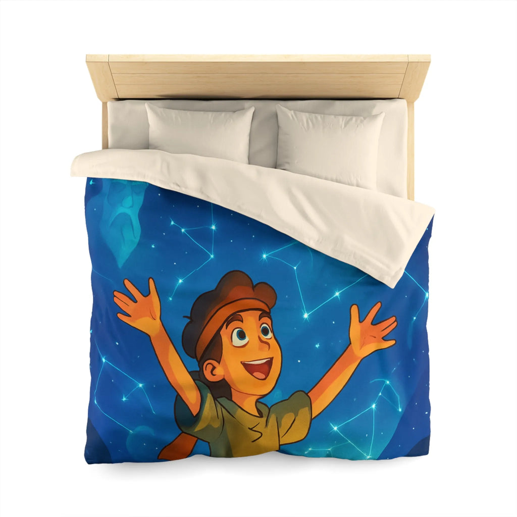 Housse de couette illustrée nocturne avec enfant, robot et constellations célestes inspirantes