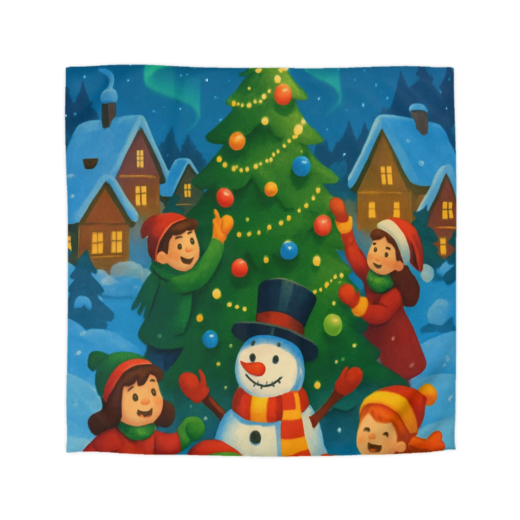 Housse de couette enfants scène festive avec bonhomme de neige et aurore boréale lumineuse