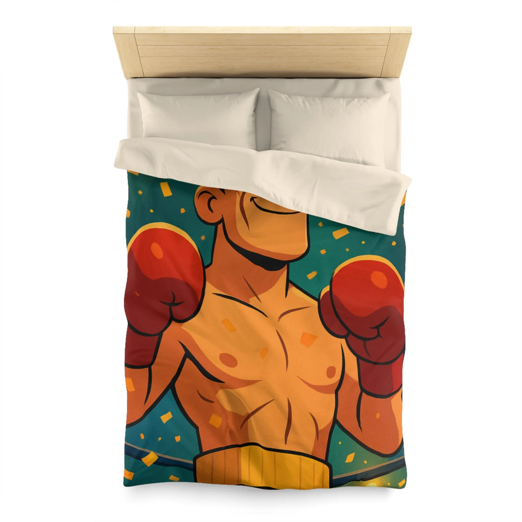 Housse de couette colorée avec boxeur en tenue rouge, ambiance festive dynamique