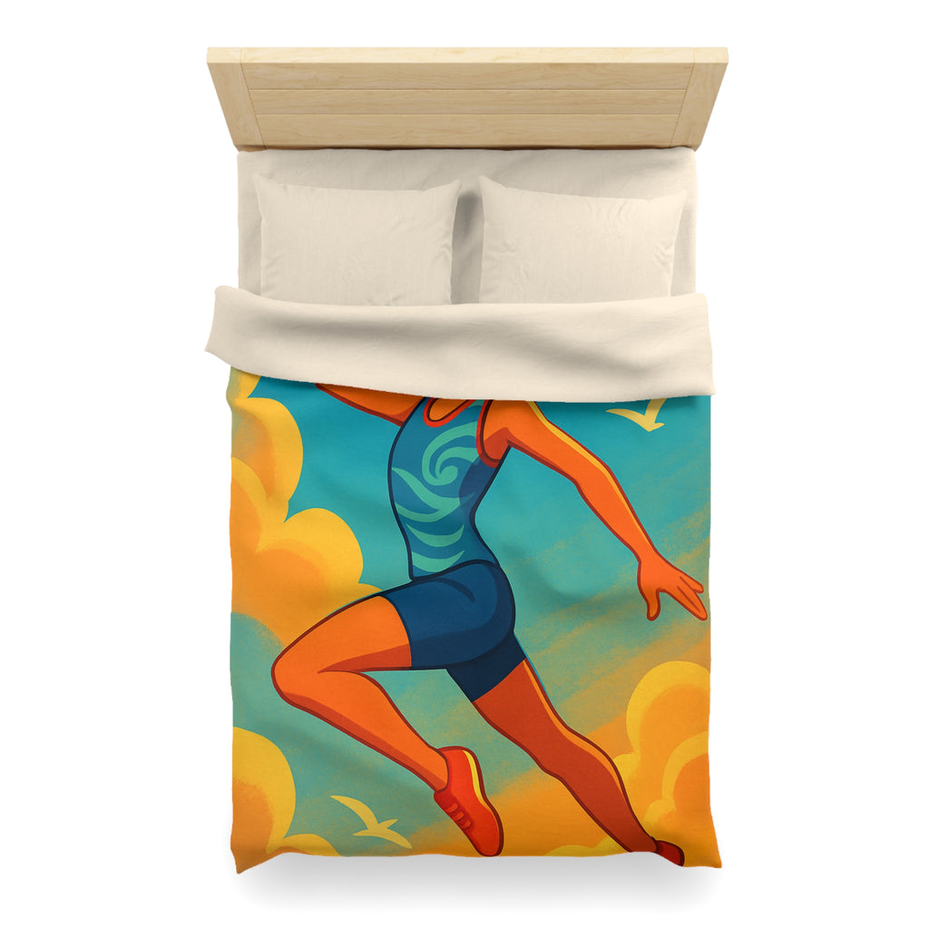 Housse de couette sportive colorée, femme jouant freesbee sous ciel bleu dynamique ultime